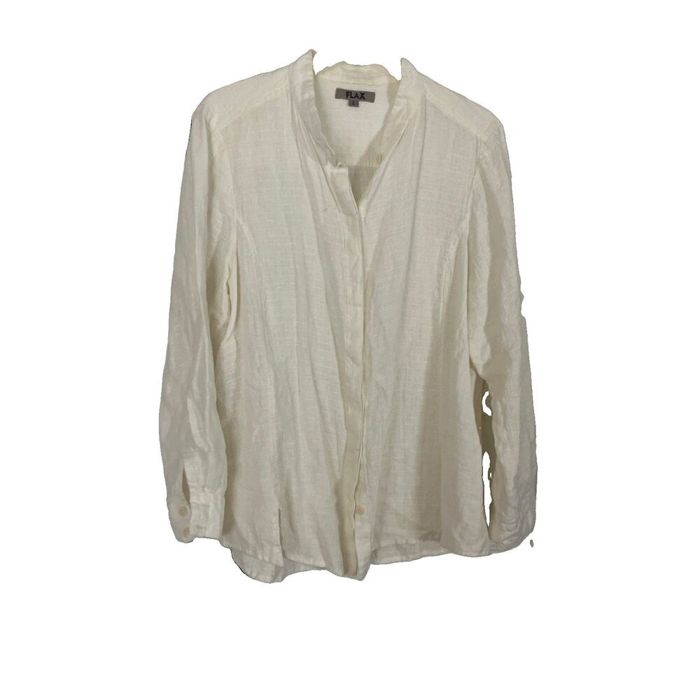 FLAX Women’s L Linen Blend Mandarin Collar Button Up Ivory Oversized Lagenlook